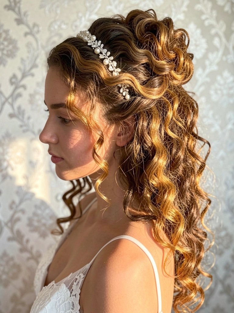 Jovem com cabelo cacheado preso em coque, headband de pérolas e cristais, vestido de renda branca, fundo de papel de parede prateado, luz natural.