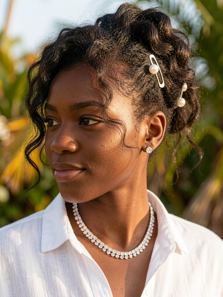 Jovem negra de cabelo curto texturizado preso com presilha de pérola, camisa branca de linho e colar de cristal, luz natural com folhagem tropical ao fundo.
