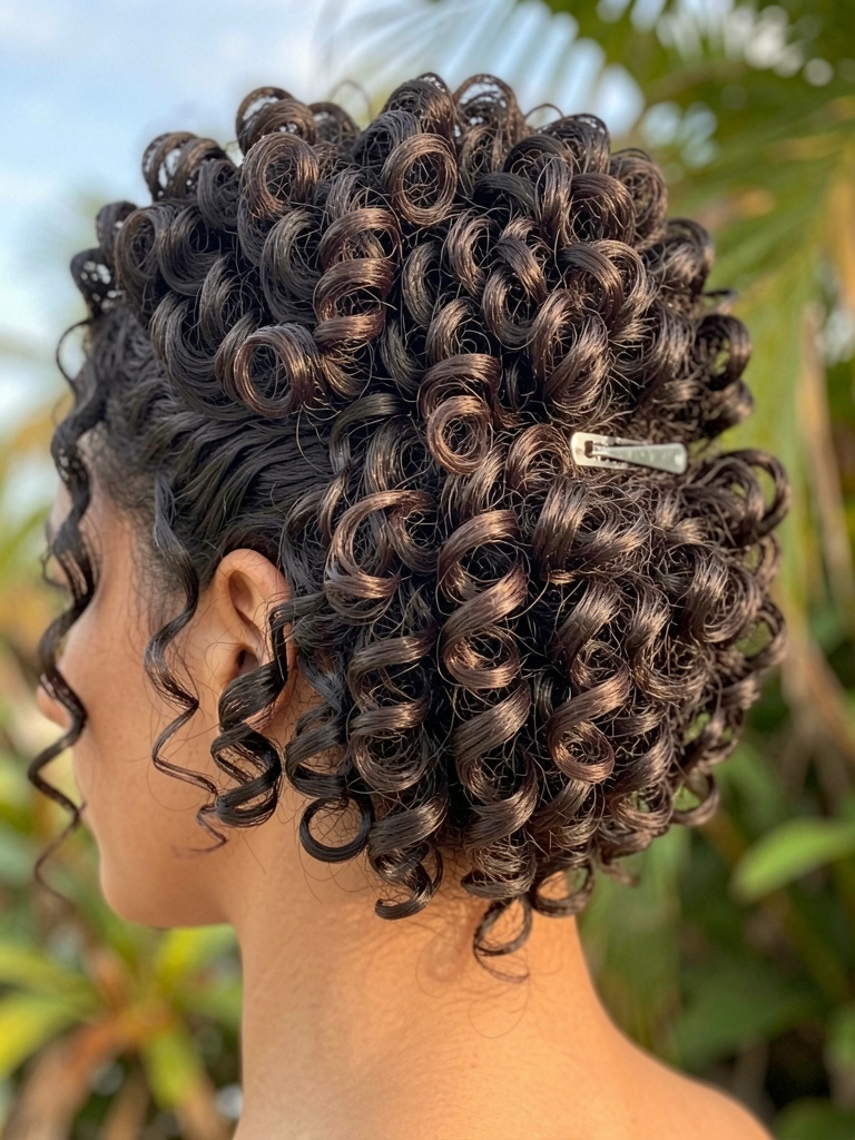 Cabelos crespos volumosos presos em coque com grampo prateado, luz natural suave e folhagens ao fundo.