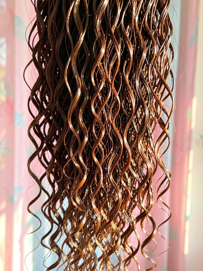 Cachos castanhos escuros e molhados brilhando sob luz solar difusa, com fundo pastel suave.