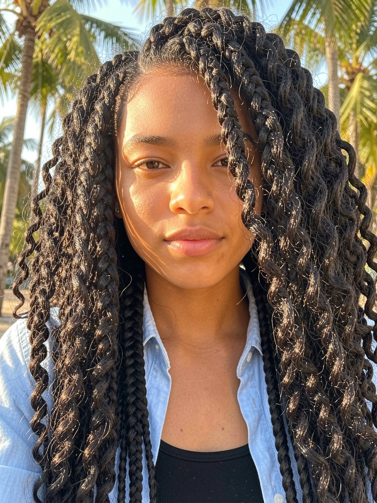 Jovem com tranças grossas e cabelo cacheado volumoso, detalhe dos grampos aparentes, luz natural quente e fundo desfocado.