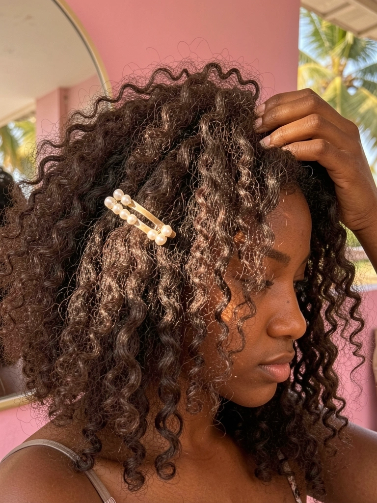 Mão de mulher negra com cabelo cacheado volumoso tocando os fios, dois grampos perolados presos de lado, parede rosa e reflexo de espelho ao fundo, luz natural suave.