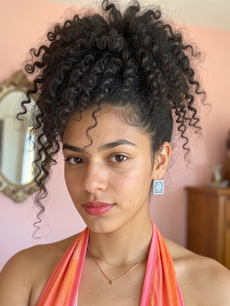 Jovem com cabelo crespo preto volumoso preso em updo alto, brinco azul e branco, colar dourado e blusa coral, fundo com parede rosa e espelho vintage.