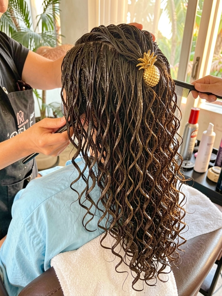 Cachos escuros e molhados com acessório dourado, pente e produtos sobre fundo claro e luz natural.