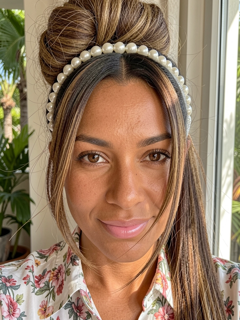 Pele morena com bun volumoso e tiara de pérolas, rabo de cavalo com tiara prateada, blusa floral e luz suave de janela.