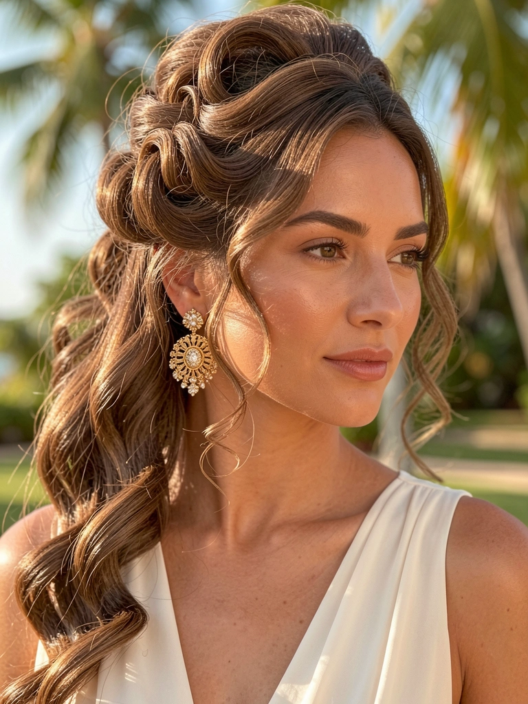 Mulher de cabelo castanho preso em coque com cachos volumosos, brincos dourados grandes e vestido off-white, luz natural quente.