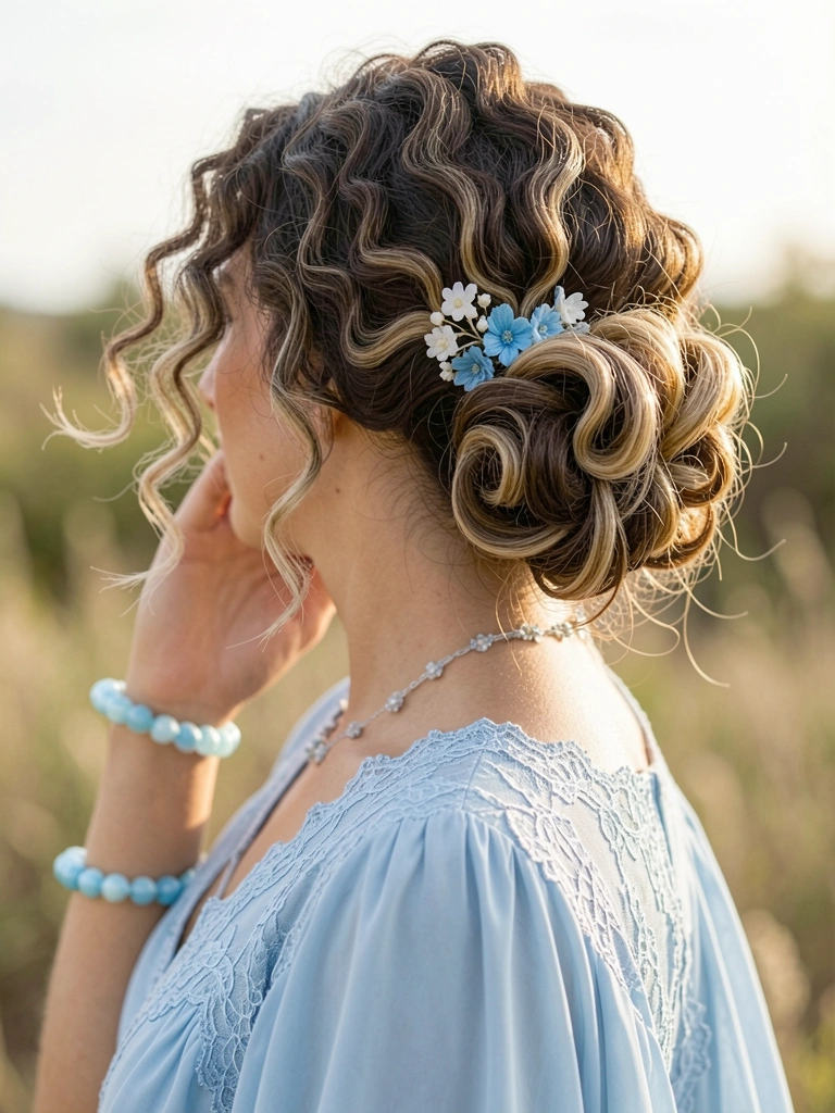 Mulher com coque baixo de cabelos crespos castanhos e loiros, vestido azul claro com renda, luz natural suave ao fundo desfocado.