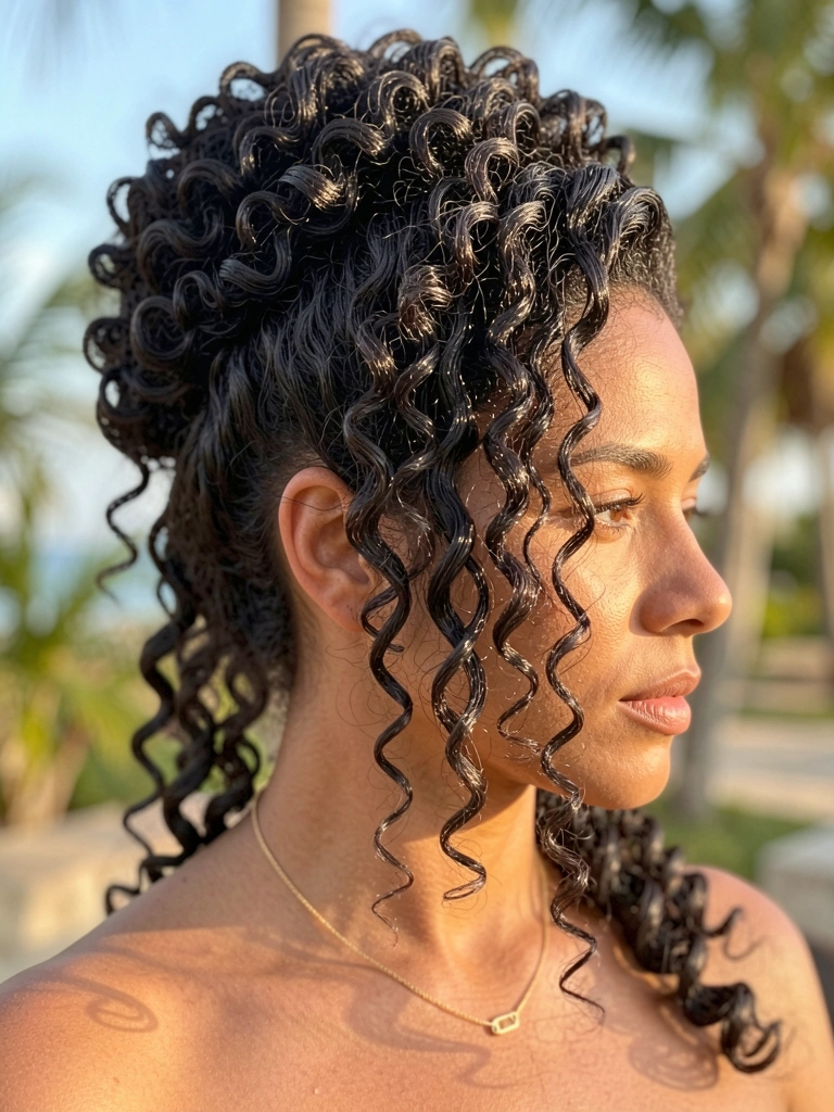 Mulher com cabelo cacheado volumoso preso em coque, fios soltos emoldurando o rosto, colar de ouro fino, luz natural suave e fundo desfocado.