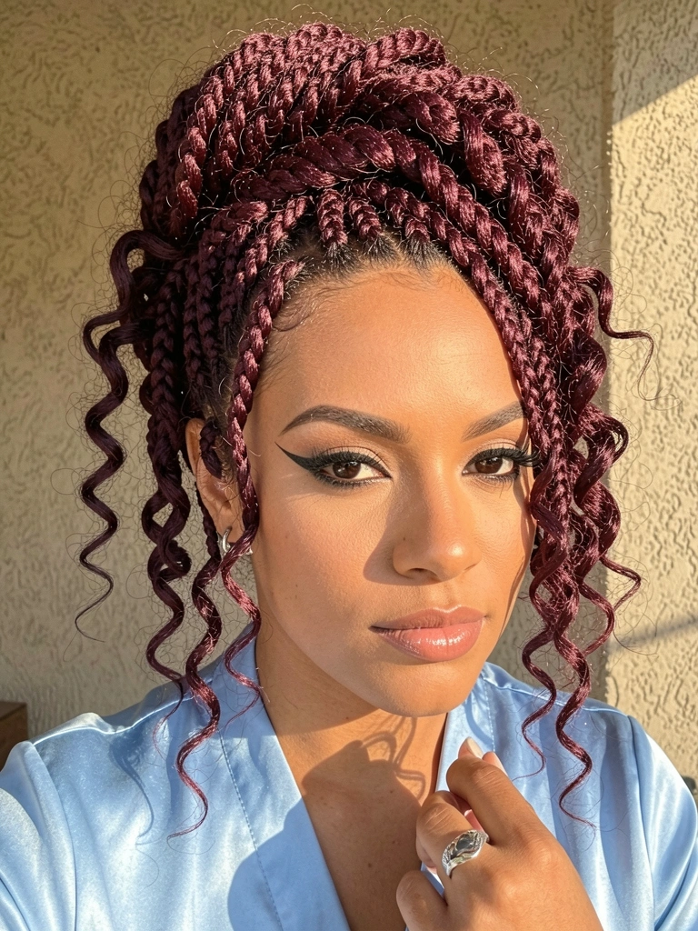 Close-up de mulher com coque trançado vinho escuro, mechas soltas e torcidinhos, blusa de seda azul-claro e argola prateada, luz natural.