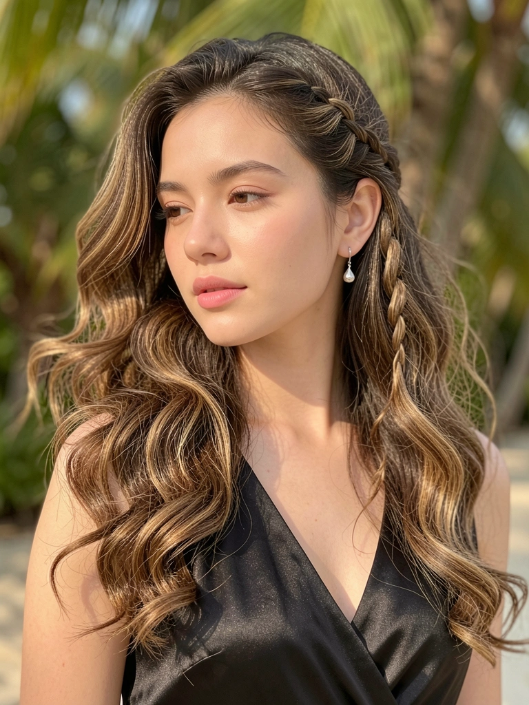 Jovem de cabelos castanhos ondulados com trança lateral, vestido preto acetinado e brinco de gota prateado, luz natural difusa e fundo tropical desfocado.