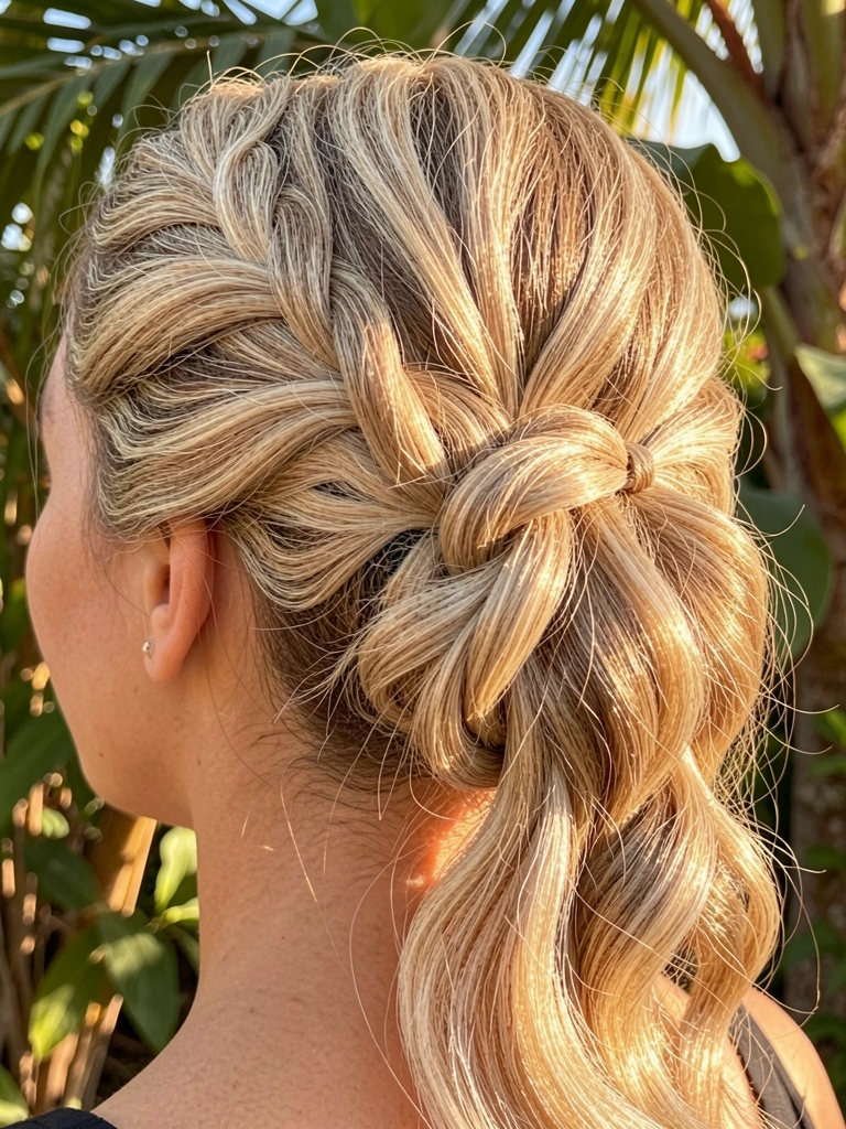 Cabelo loiro em coque trançado com laço, ondas definidas e luz natural filtrada por folhas ao fundo.