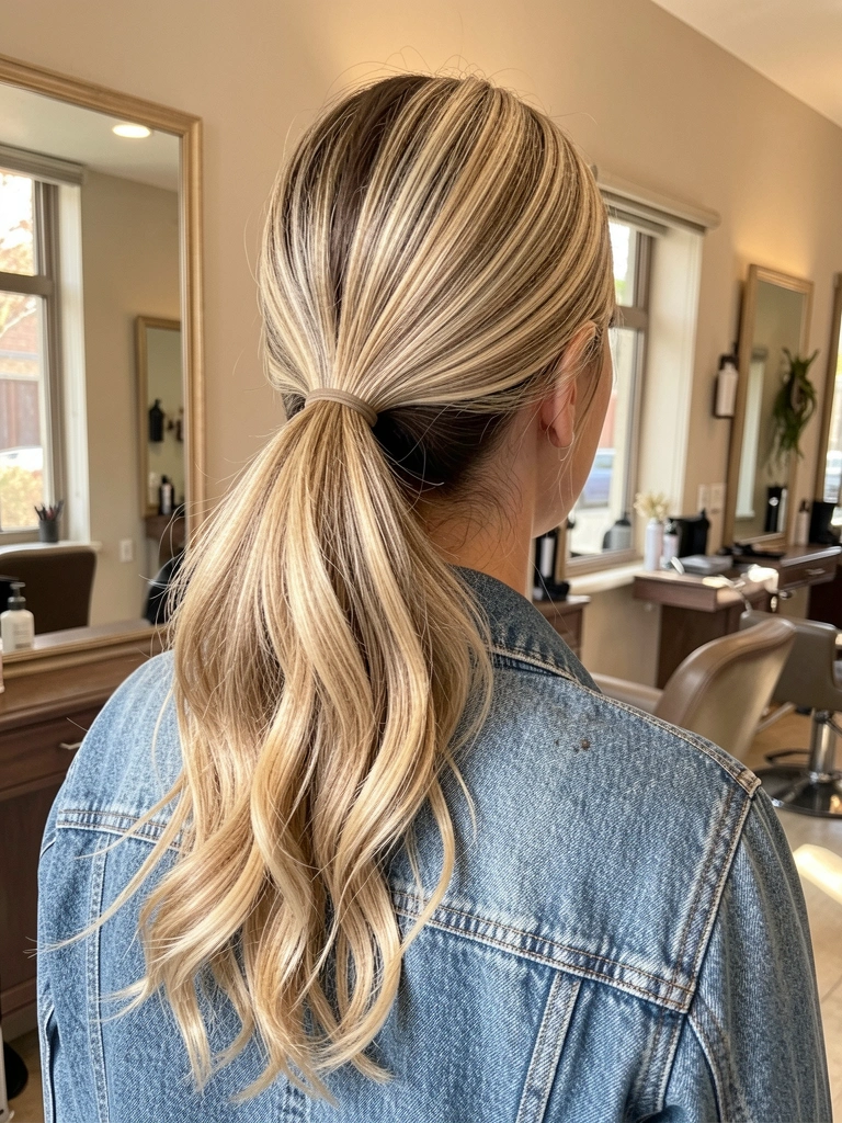 Mulher de cabelo loiro claro em rabo de cavalo baixo com ondas suaves, jaqueta jeans, salão com paredes espelhadas e luz natural difusa.
