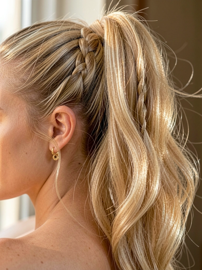 Close-up de cabelo loiro ondulado em rabo de cavalo alto com trança, brincos dourados, luz natural difusa e fundo desfocado.