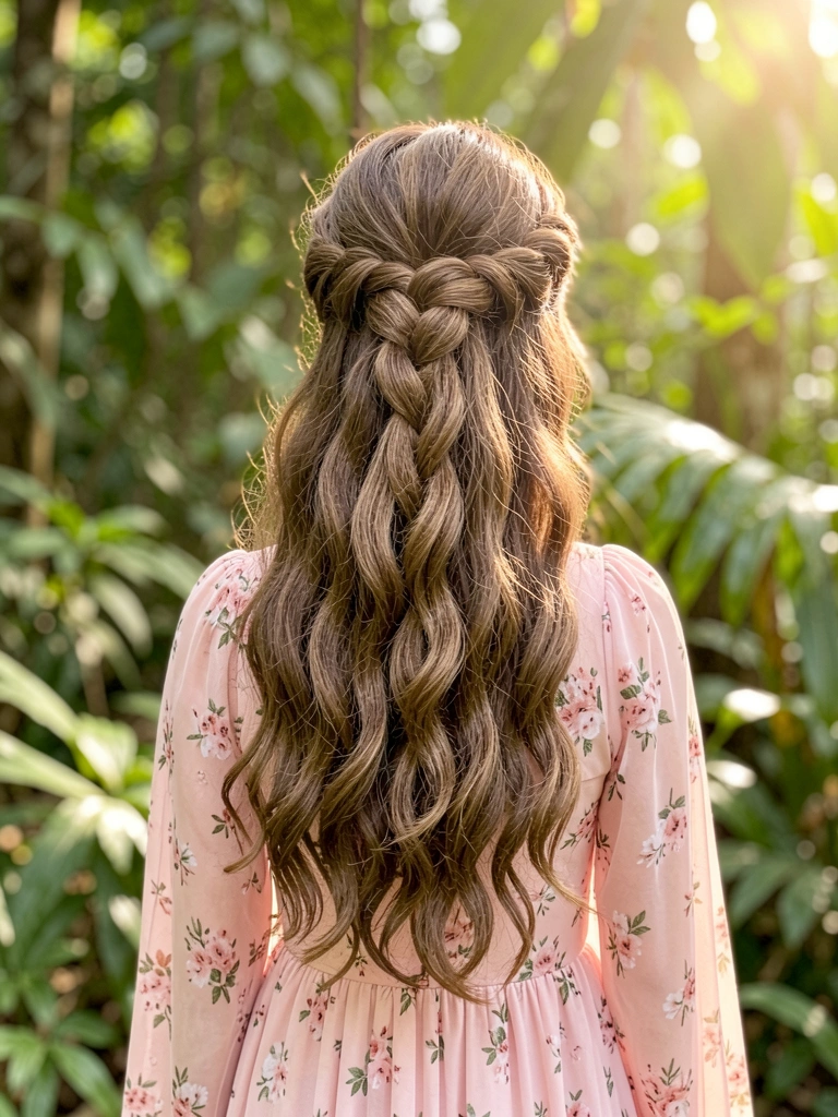 Jovem com coque trançado e vestido floral rosa claro em floresta com luz natural difusa e fundo desfocado.