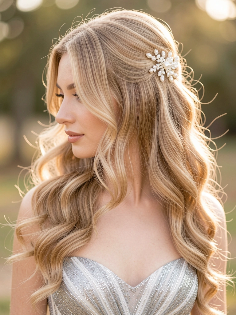 Jovem com cabelos ondulados loiro-mel e penteado com pente de cristal e pérola, vestido prateado, luz natural difusa e fundo desfocado.