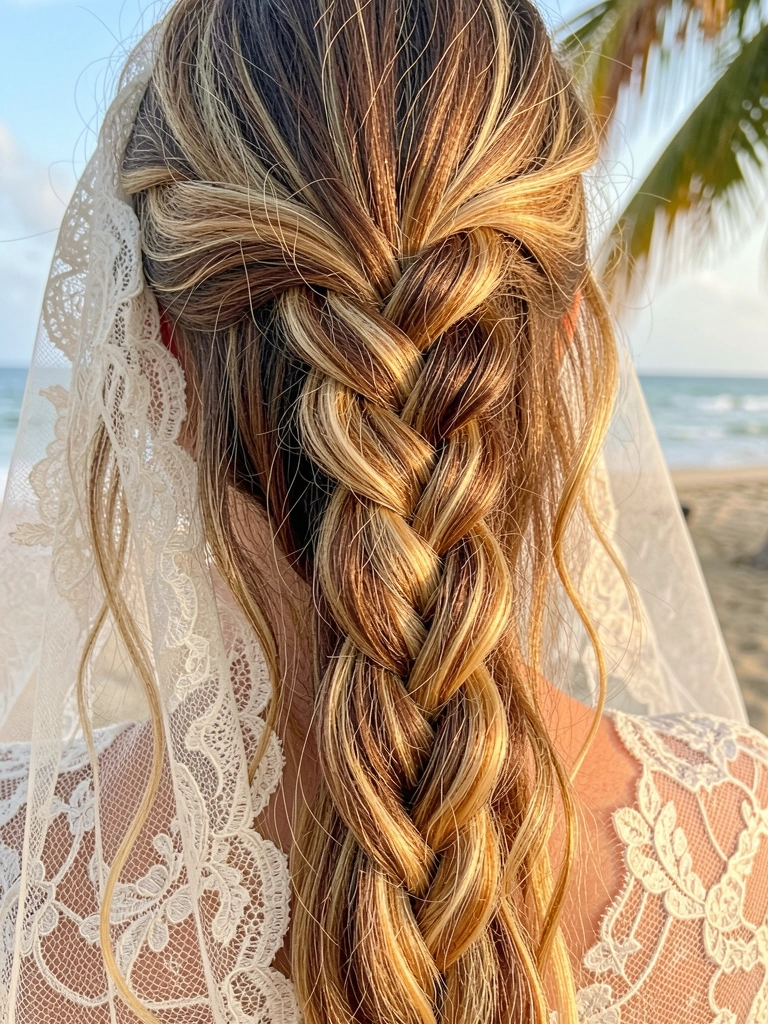 Trança francesa detalhada em cabelo castanho-dourado com fios soltos, renda delicada sobre os fios, luz natural suave ao ar livre.