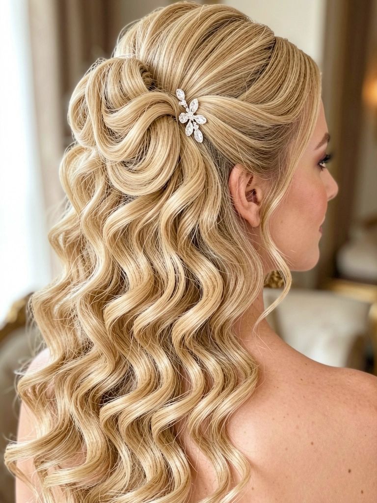 Cabelo loiro dourado em coque romântico com cachos definidos, acessório de cristal e luz natural difusa, fundo desfocado elegante.