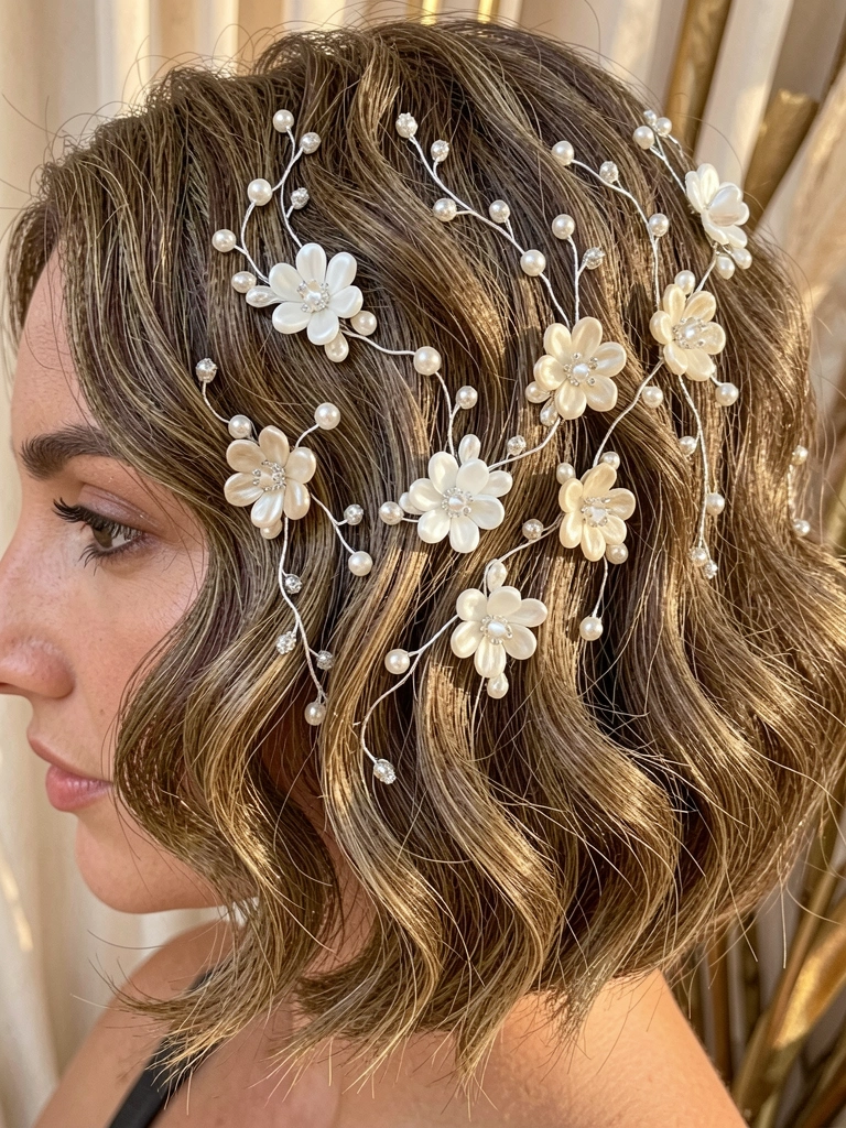 Cabelo ondulado com grampos florais de pérolas e fios de prata, luz natural suave destacando texturas.