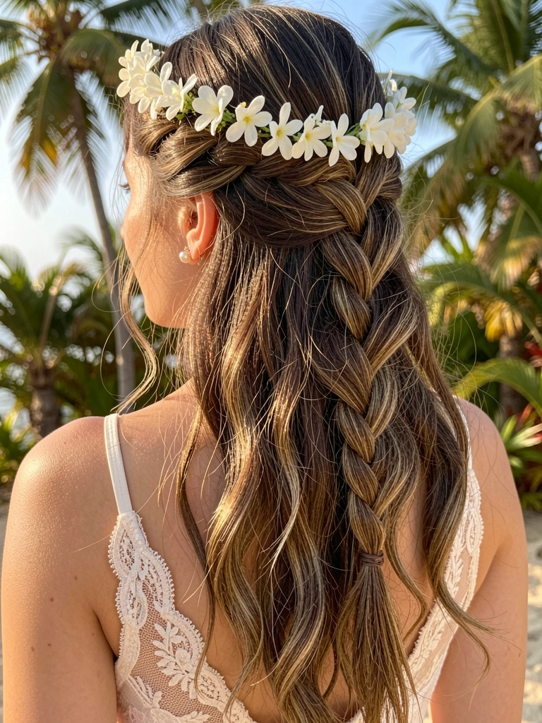 Trança solta com flores brancas e brincos de pérola, luz natural e fundo desfocado.