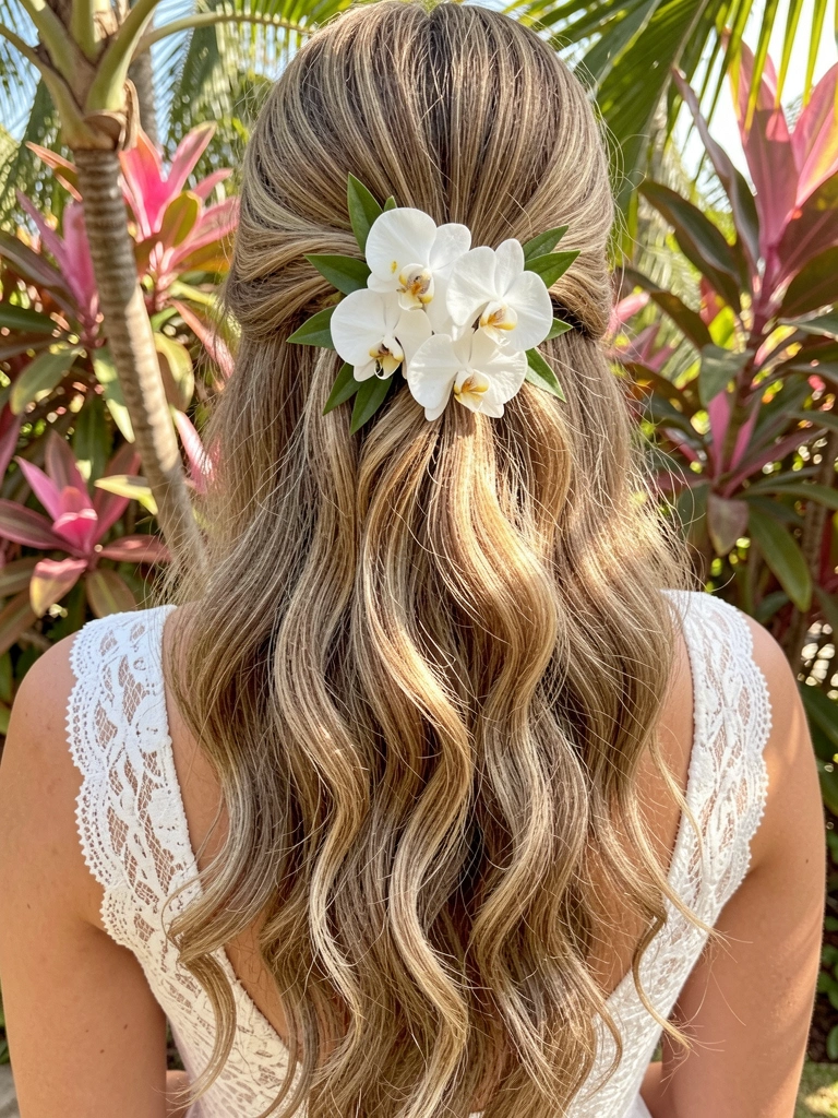 Floral hair clip with white orchids and green leaves in long wavy light brown hair, half-updo, white lace low-back dress, warm daylight, tropical foliage background.