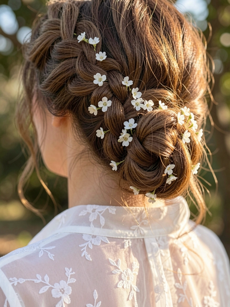 Mulher com cabelo castanho ondulado em coque trançado com flores brancas, luz natural suave e fundo desfocado.