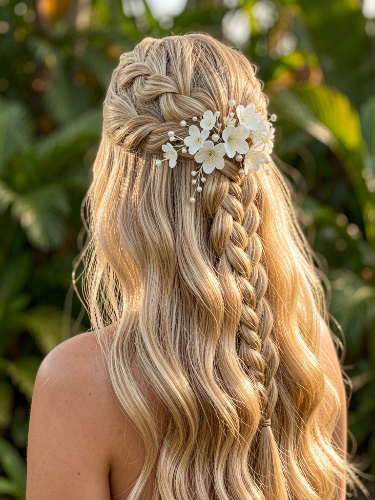 Mulher de cabelo loiro em trança espinha de peixe com arranjo floral de flores brancas e pérolas, luz natural e fundo verde desfocado.