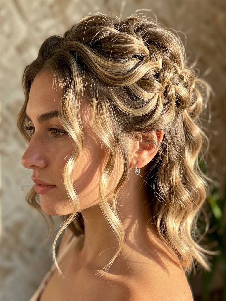 Jovem com cabelo castanho claro e mechas loiras em coque semi-solto com tranças e ondas, brinco de prata e fundo desfocado com parede texturizada, luz natural quente.