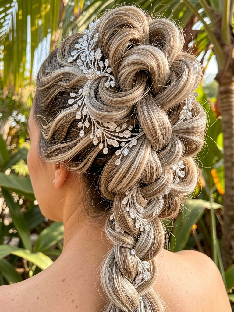 Cristais e prata brilhando em penteado com trança longa e cachos volumosos, luz natural e folhagem tropical ao fundo.