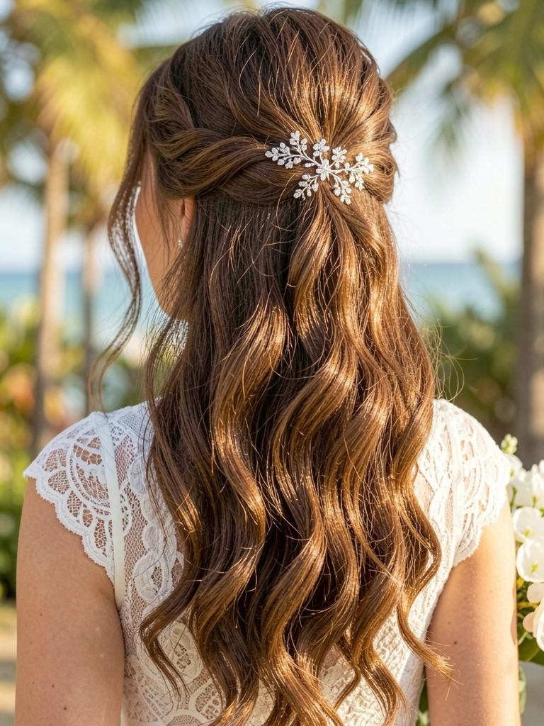 Mulher de cabelo castanho ondulado com acessório prateado floral, vestido de renda branco e buquê, luz natural quente e fundo desfocado.