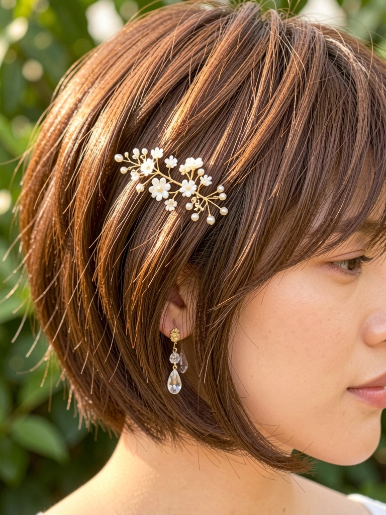 Cabelo castanho curto com acessório de cabelo dourado com flores brancas e pérolas, brincos de cristal pendentes, luz natural suave e fundo verde desfocado.