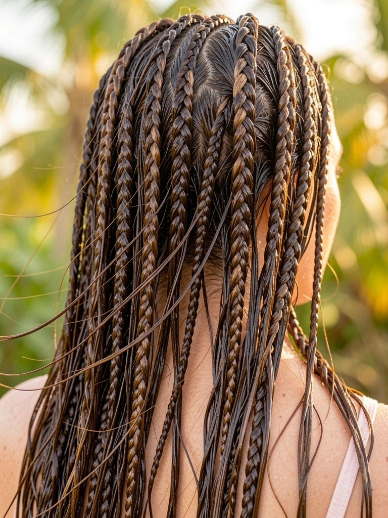 Close-up de cabelo castanho brilhante com tranças e twists elaborados, textura molhada e luz suave, fundo desfocado com luz dourada.