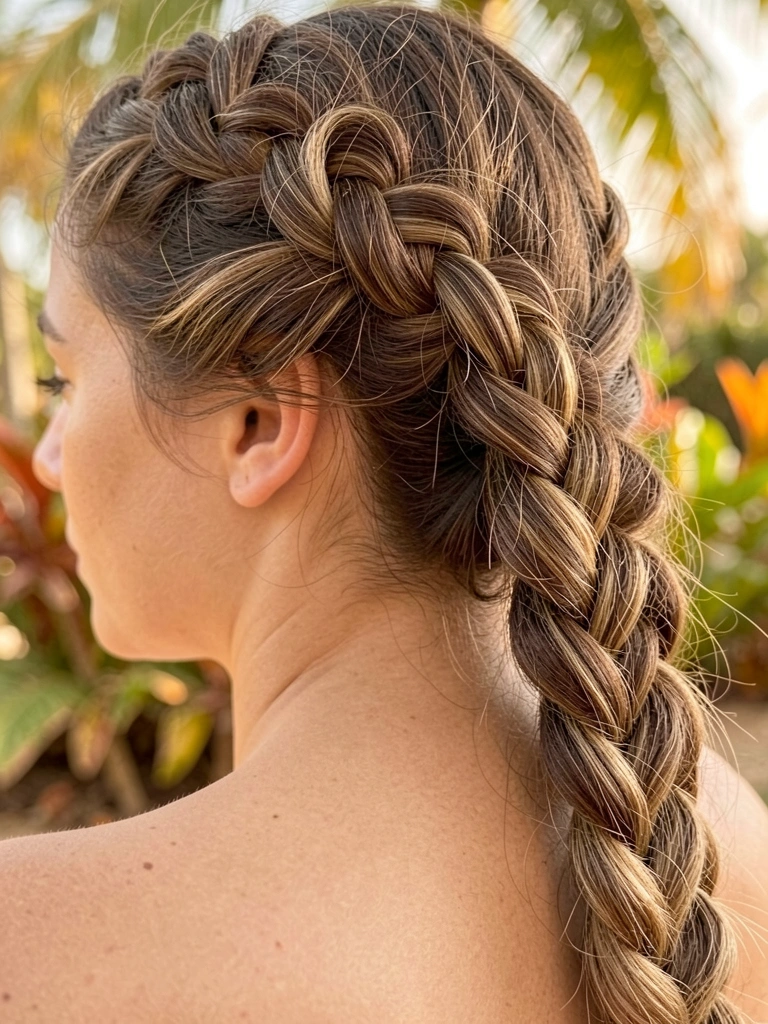 Trança lateral apertada em cabelo castanho com reflexos, meia luz natural difusa e fundo desfocado com folhagens tropicais.