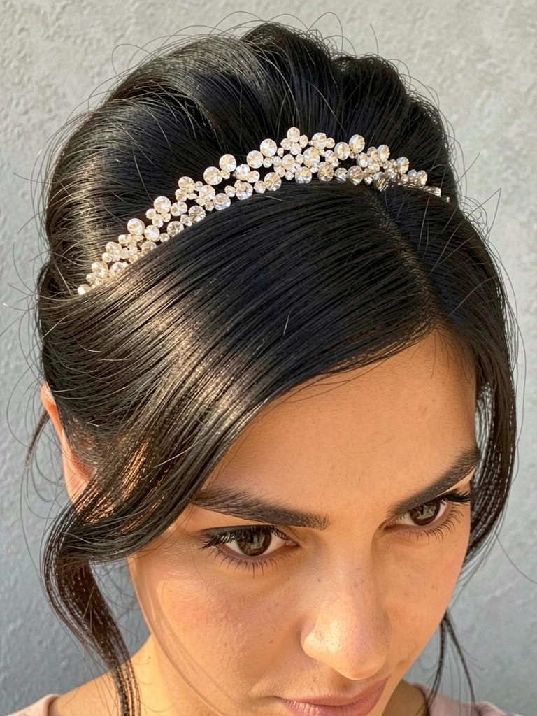 Mulher de cabelo preso com tiara de strass, olhos escuros e maquiagem natural, iluminada por luz natural sobre fundo cinza neutro.