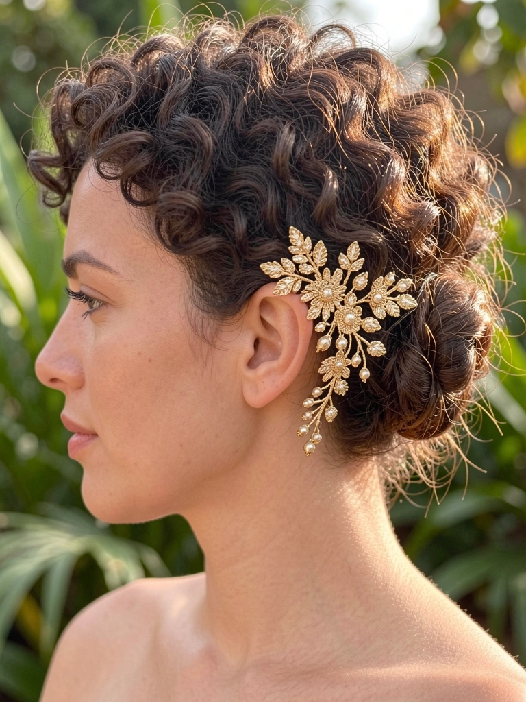 Close-up de cabelo cacheado preso em coque baixo com acessório dourado de miçangas e flores, luz natural suave e fundo verde desfocado.