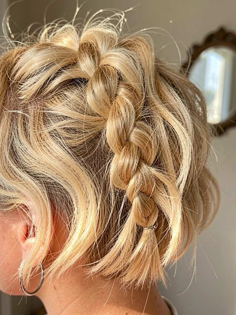 Close-up de trança grossa e texturizada em cabelo loiro curto e ondulado, brinco de prata e luz natural suave ao fundo.