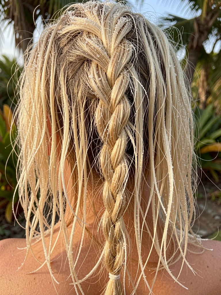 Cabelo loiro em trança texturizada com spray de sal, fios soltos e luz natural quente, folhagem tropical ao fundo.