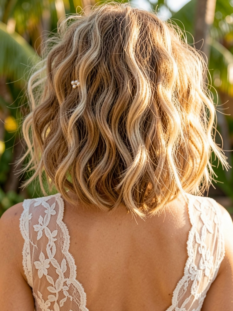 Close-up de nuca feminina com cabelo ondulado loiro acobreado e dois grampos de pérola, vestido de renda transparente e luz natural suave ao fundo.