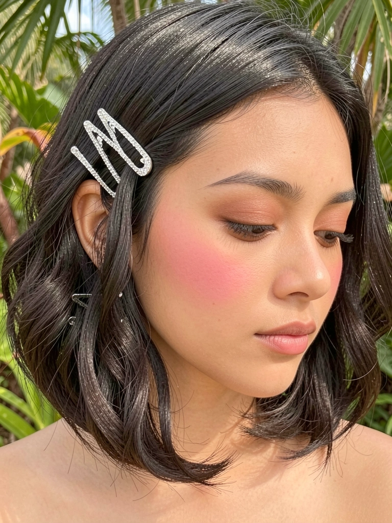 Jovem de cabelo ondulado escuro com presilhas prateadas, olhar baixo e pele iluminada por luz suave, fundo verde ao ar livre.