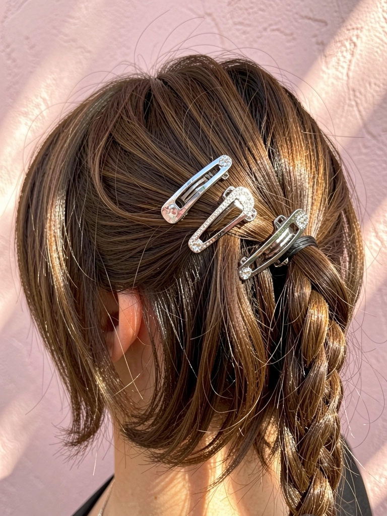 Cabelo castanho curto em camadas com rabo de cavalo trançado falso, preso por dois grampos prateados com strass brilhantes, parede rosa clara texturizada e luz solar difusa.