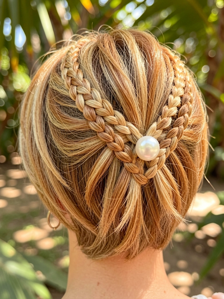 Cabelo curto com tranças nagô em formato de coração e grampo de pérola, luz natural filtrada por folhas ao fundo.