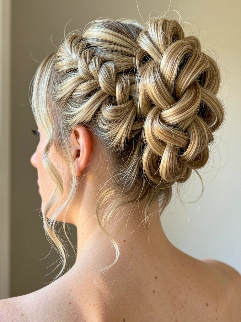 Mulher de cabelo loiro curto com updo trançado volumoso e mechas claras, luz natural suave em quarto neutro.