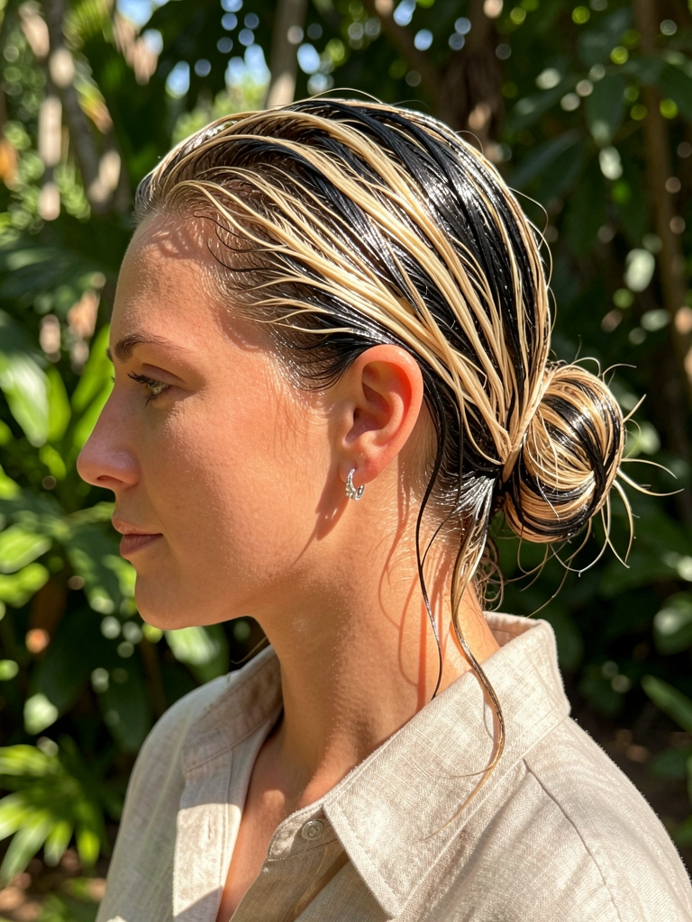 Mulher com cabelo loiro e preto molhado em coque baixo, camisa de linho bege, brincos de prata, fundo verde com luz solar filtrada.