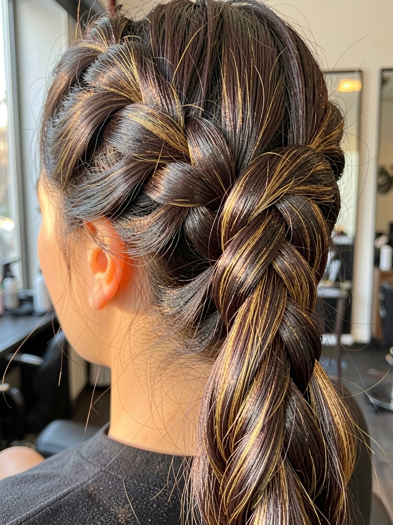 Trança espinha de peixe grossa e brilhante em cabelo castanho escuro com reflexos dourados, iluminada por luz natural suave, fundo levemente desfocado de salão.
