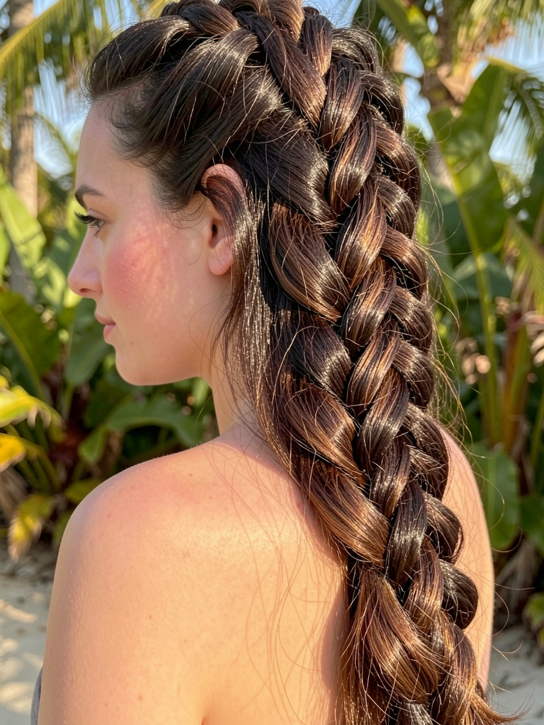 Trança francesa grossa em cabelo castanho-escuro com ondas e brilho, luz natural sobre ombro feminino e fundo tropical desfocado.