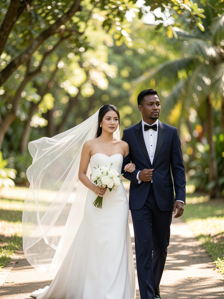 Noiva de vestido branco e buquê floral caminha ao lado de homem de smoking azul-marinho em parque com luz do sol filtrada pelas folhas.