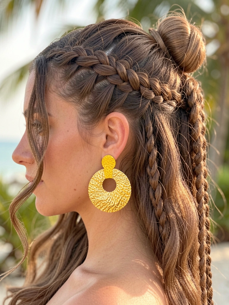 Mulher com cabelo preso em coque trançado e brincos dourados grandes, luz natural suave ao fundo desfocado.