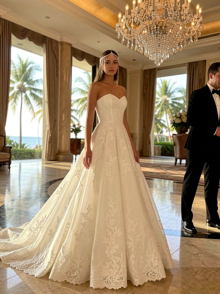 Vestido de noiva branco com renda detalhada em lobby de hotel, luz de candelabro de cristal refletindo no mármore.