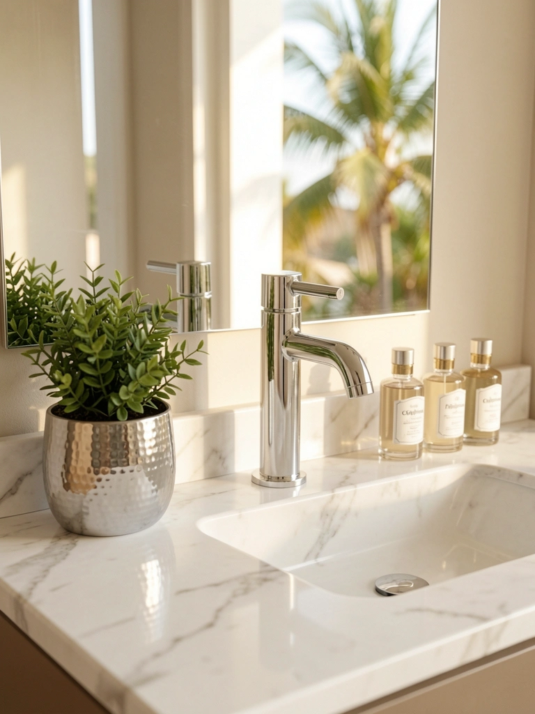 Bancada de mármore branco com plantador de prata martelado, torneira cromada e três frascos elegantes, refletidos no espelho ao fundo.