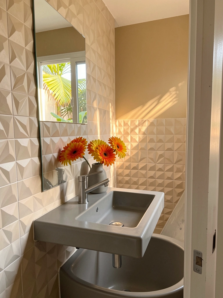 Luz tropical filtra por janela sobre banheiro minimalista com painel 3D bege, pia retangular, torneira cromada e vaso cinza com margaridas laranja e amarelo.