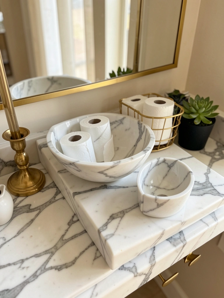 Bancada de mármore branco com veios cinza, pia dupla com metais dourados, cesto de palha com rolos de papel e suculenta em vaso preto à direita, luz natural difusa.